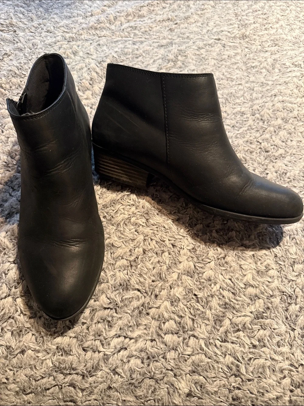 Clarks Black Leather Ankle Booties with Low Stacked Heel